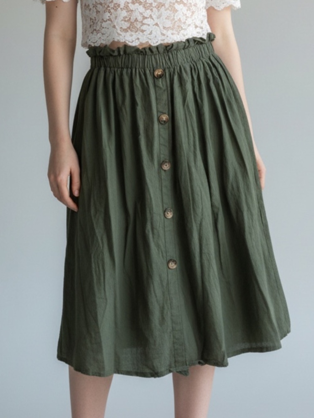 SHEIN Forest Green Button Front Midi Skirt Paperbag Waist Sz 14Y Fits Women M